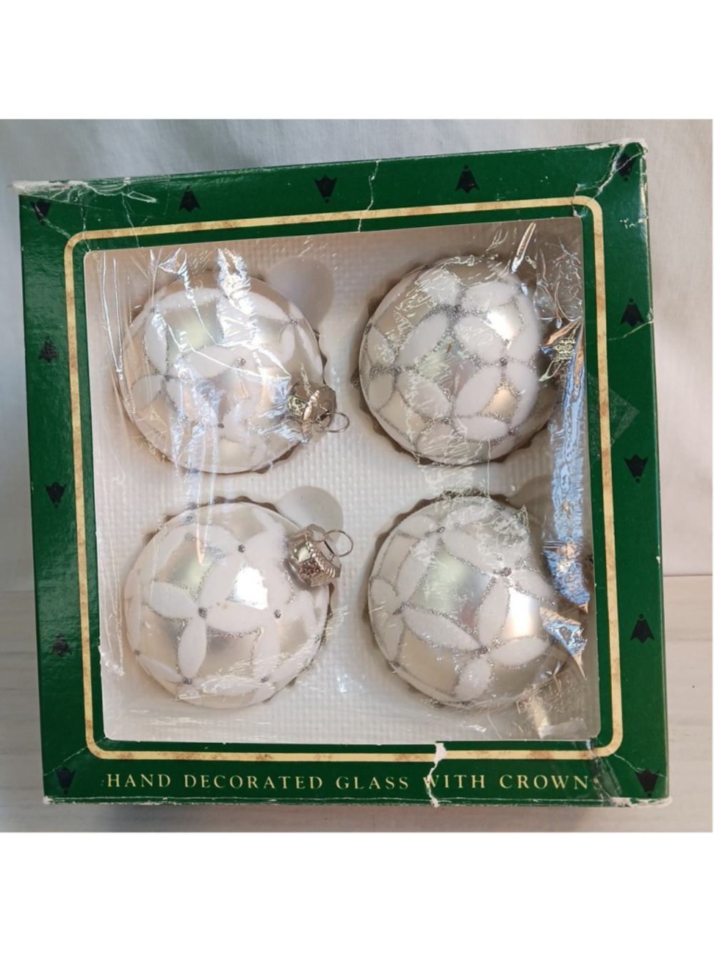 VTG Christmas By Krebs Hand Decorated White Flowers Embellished Glass Ornament